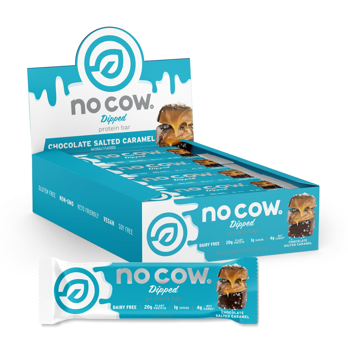 No Cow barra proteína chocolate salado caramelo, snack energético vegano.
