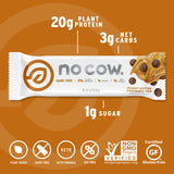 Barra No Cow vegana con chispas de chocolate, sabor intenso para antojos controlados.