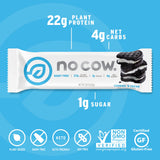 No Cow barra proteina vegana cookies-n-cream empaquetada, opción limpia para dietas.