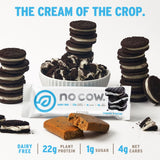 No Cow barra proteina vegana cookies-n-cream etiqueta nutricional clara con 20 g proteína.