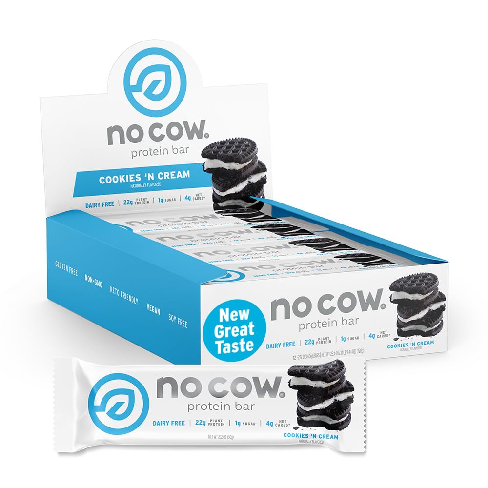 No Cow barra proteina vegana cookies-n-cream vista frontal, snack práctico para energía diaria.