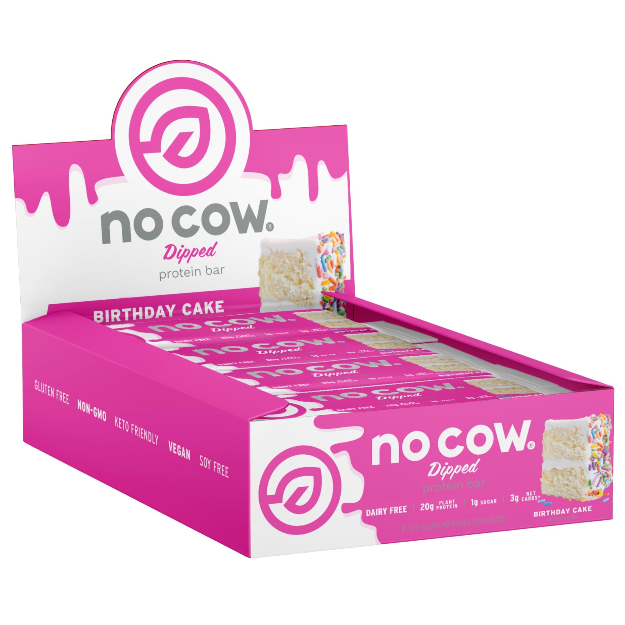 No Cow barra vegana sabor pastel de cumpleaños, empaque práctico para merienda diaria.