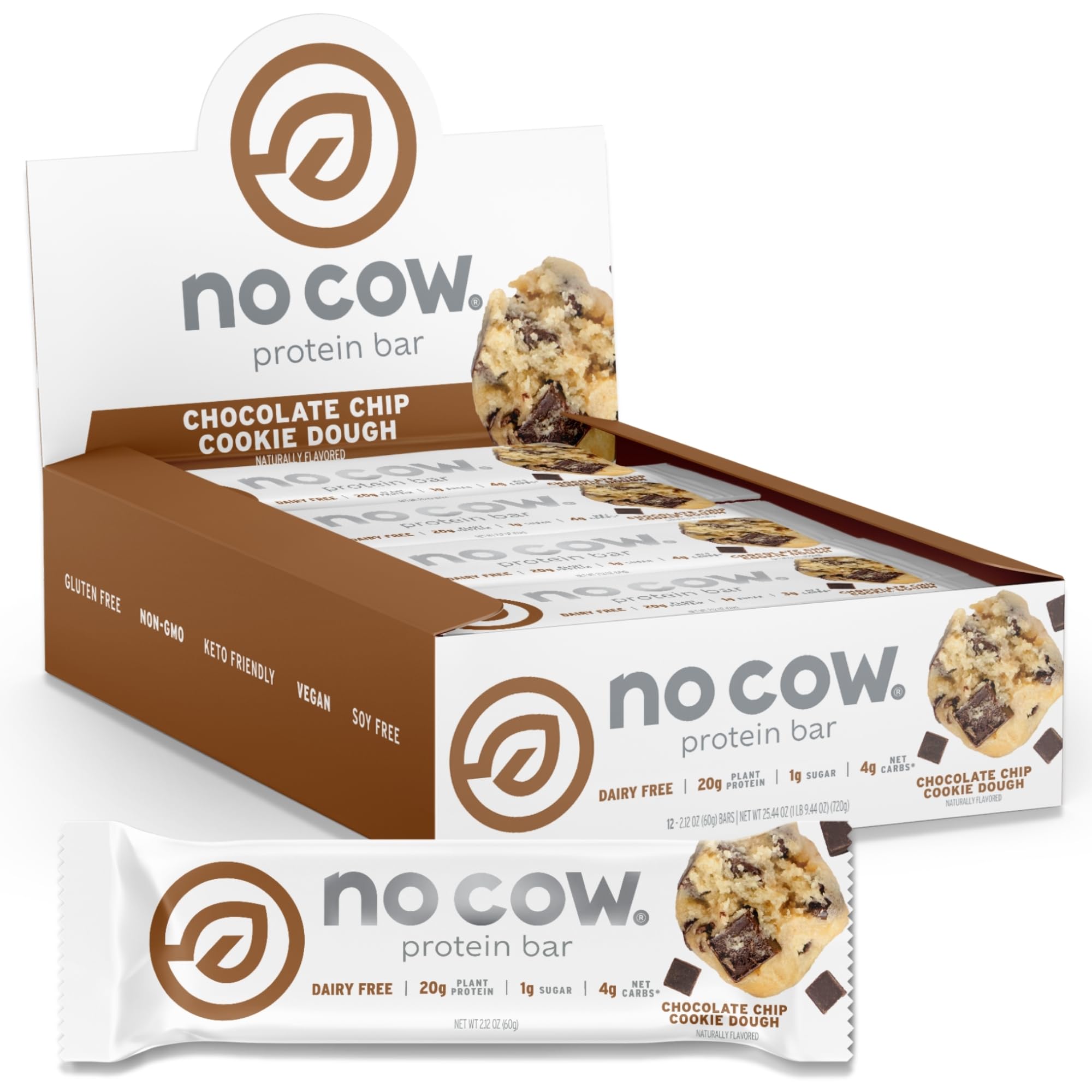 No Cow barra proteica vegana con masa de galleta y chispas, ideal snack post-entrenamiento