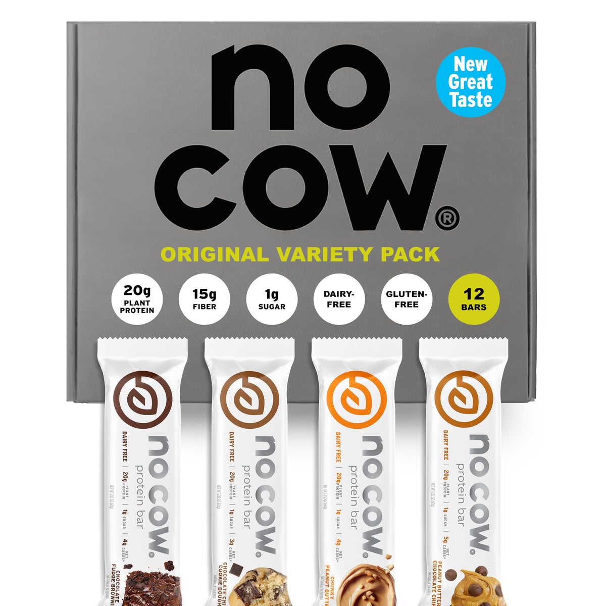 No Cow barras de proteína vegana en envase original, snack nutritivo para días activos.
