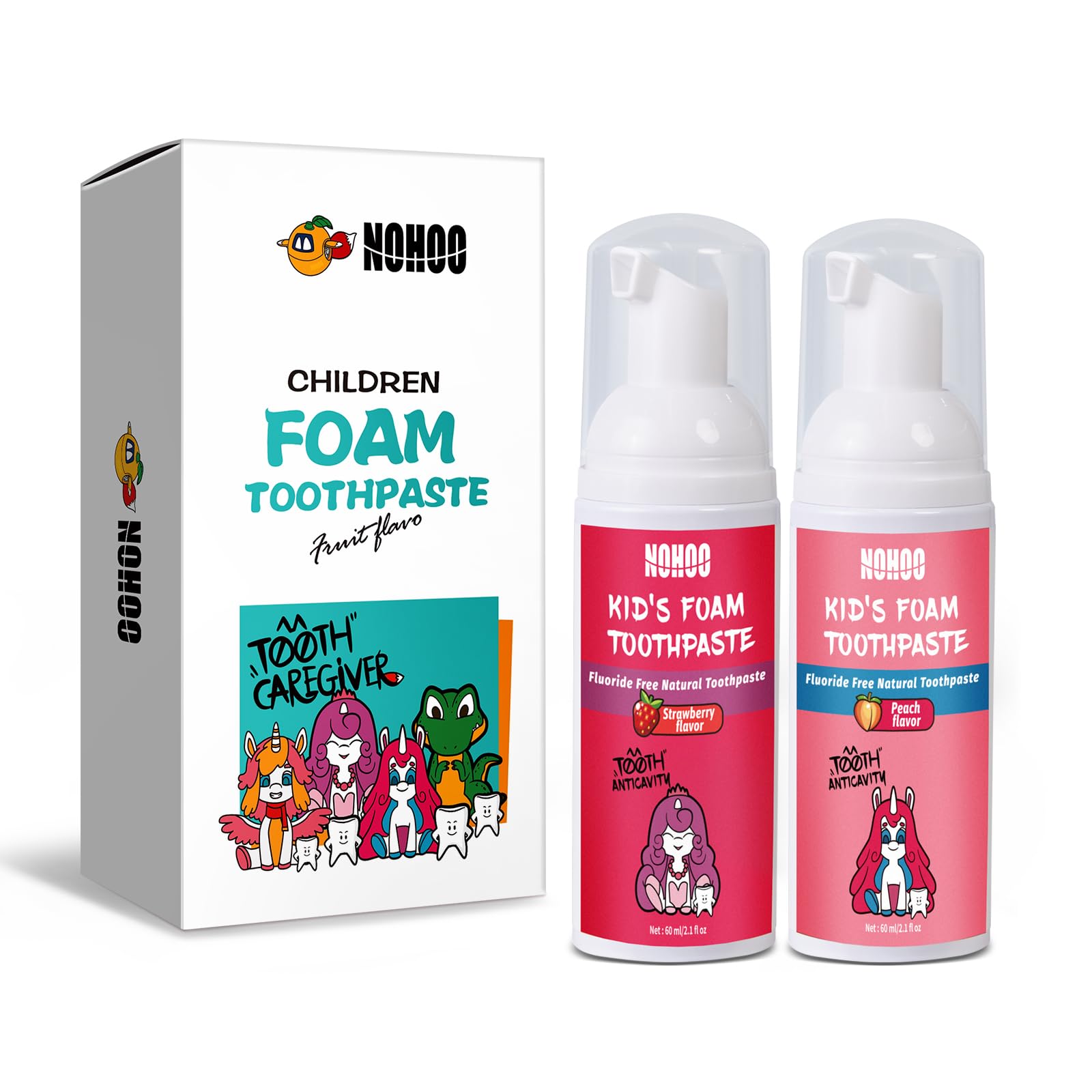 NOHOO pasta dental espuma sin fluoruro, sabor fresa, ideal para cepillado diario infantil.