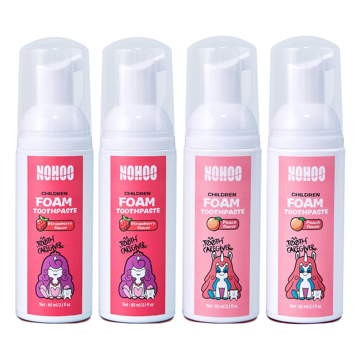 NOHOO pasta de dientes en espuma sin fluoruro, sabor fresa, envase práctico para viajes.
