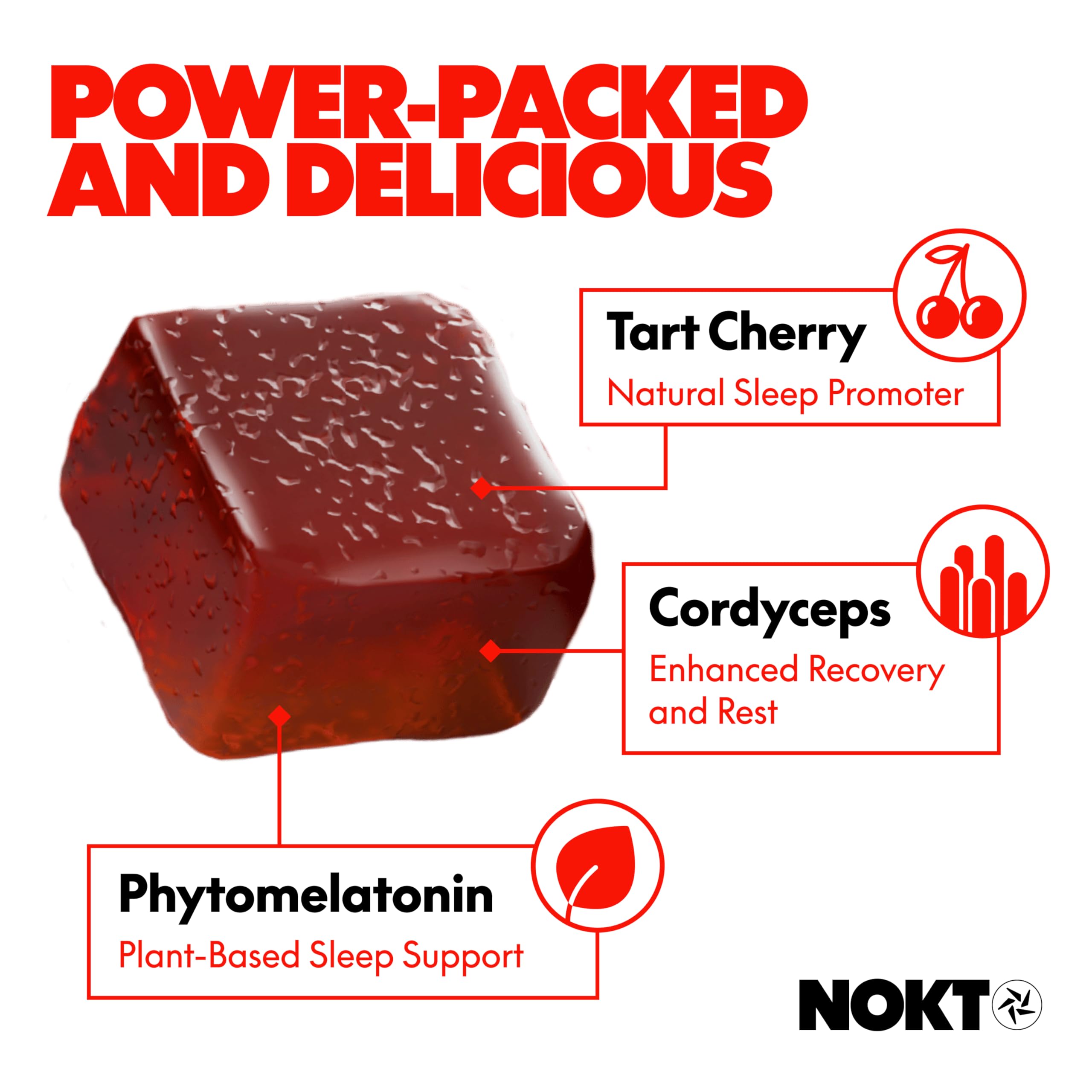 Gomitas NOKT con sabor a cereza agria para descanso profundo.