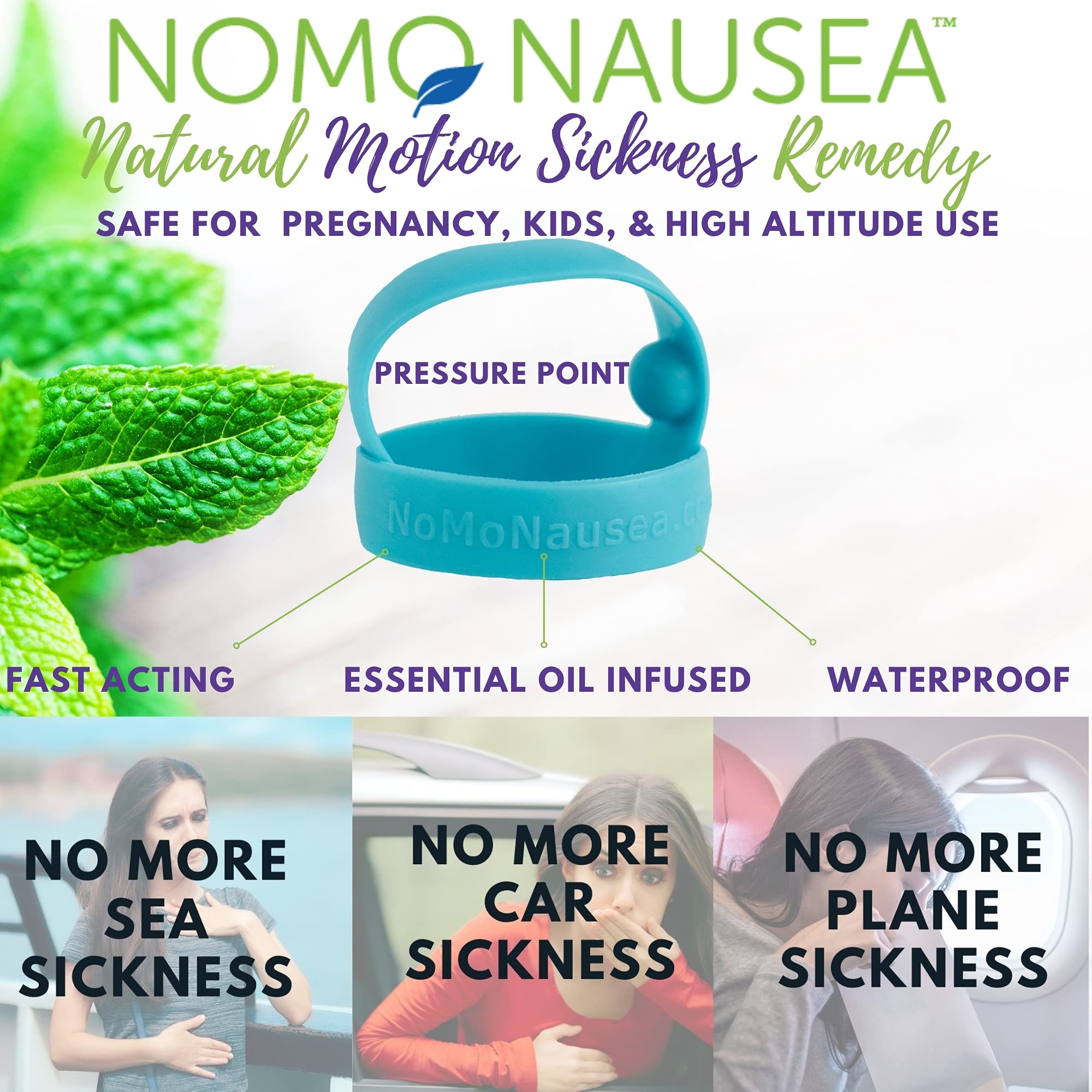 NoMo Nausea pulsera en la mano, uso diario para mareos posibles