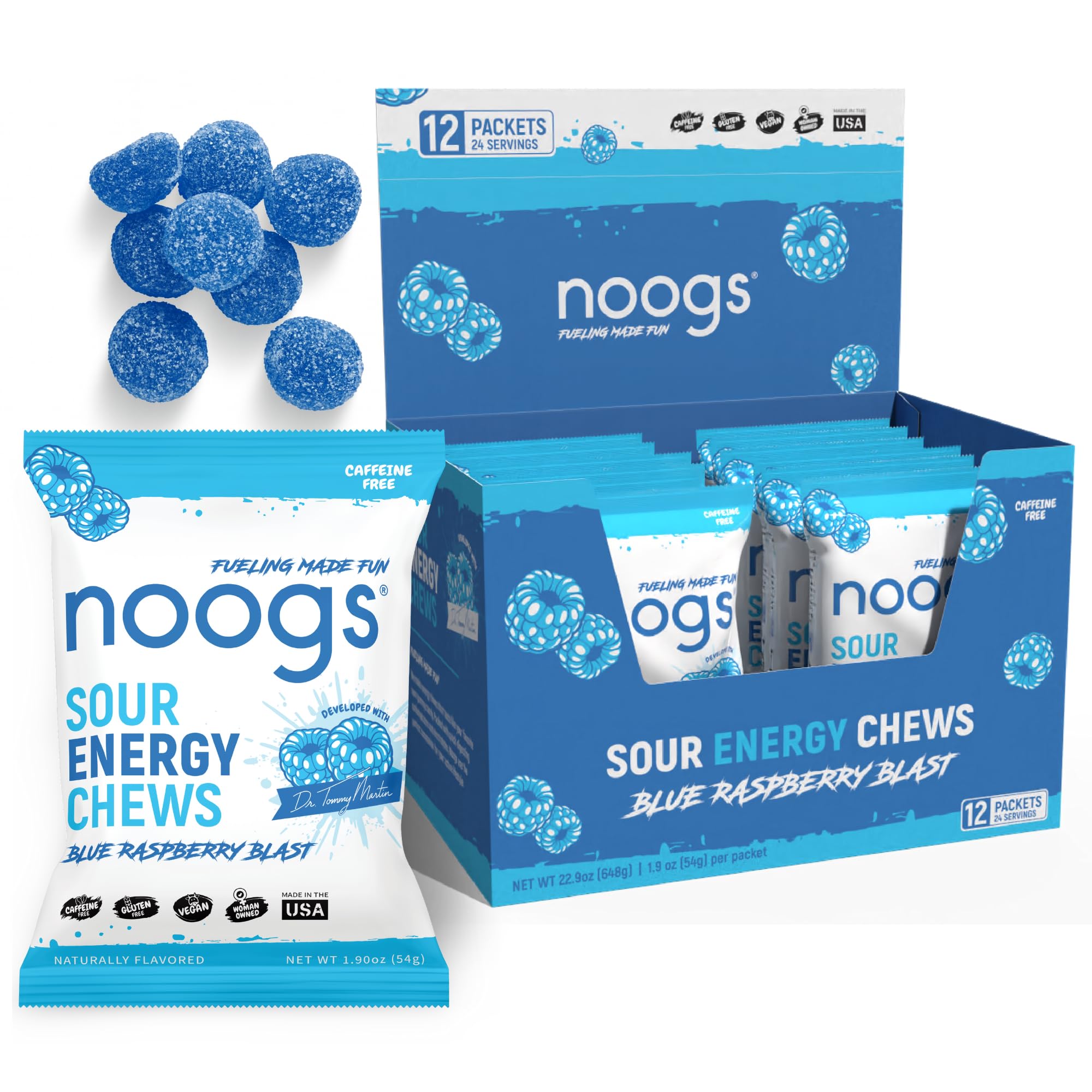 Noogs gomas energéticas sabor arándano azul en empaque, energía rápida para entrenamiento.