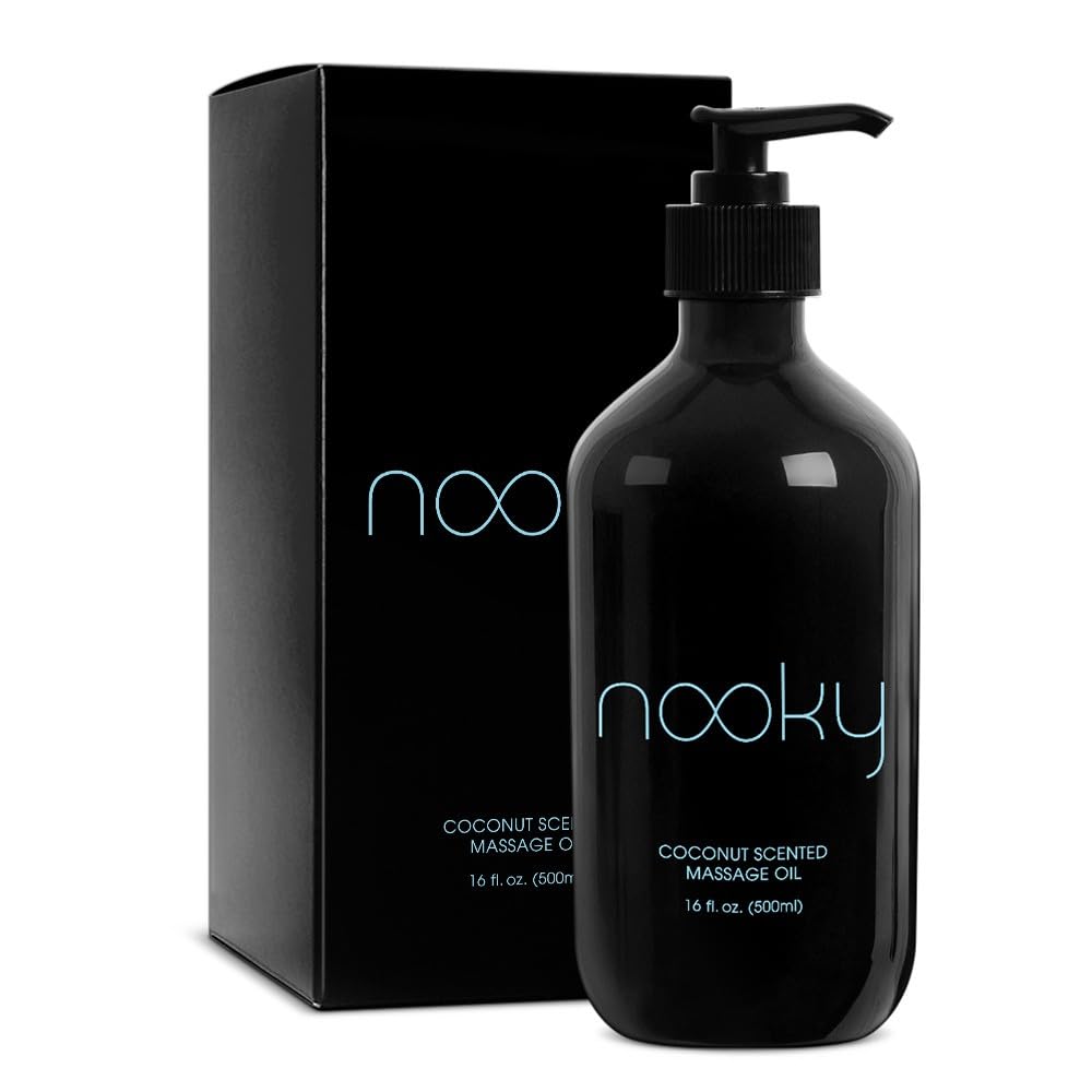 Nooky aceite de masaje con coco en botella, listo para hidratar la piel.