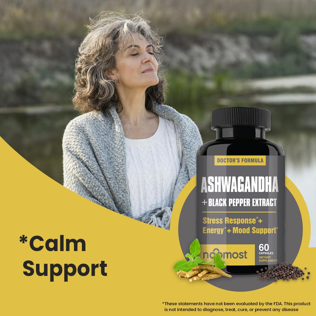 NooMost Ashwagandha cápsulas, absorcion con pimienta negra: mejora la absorción.