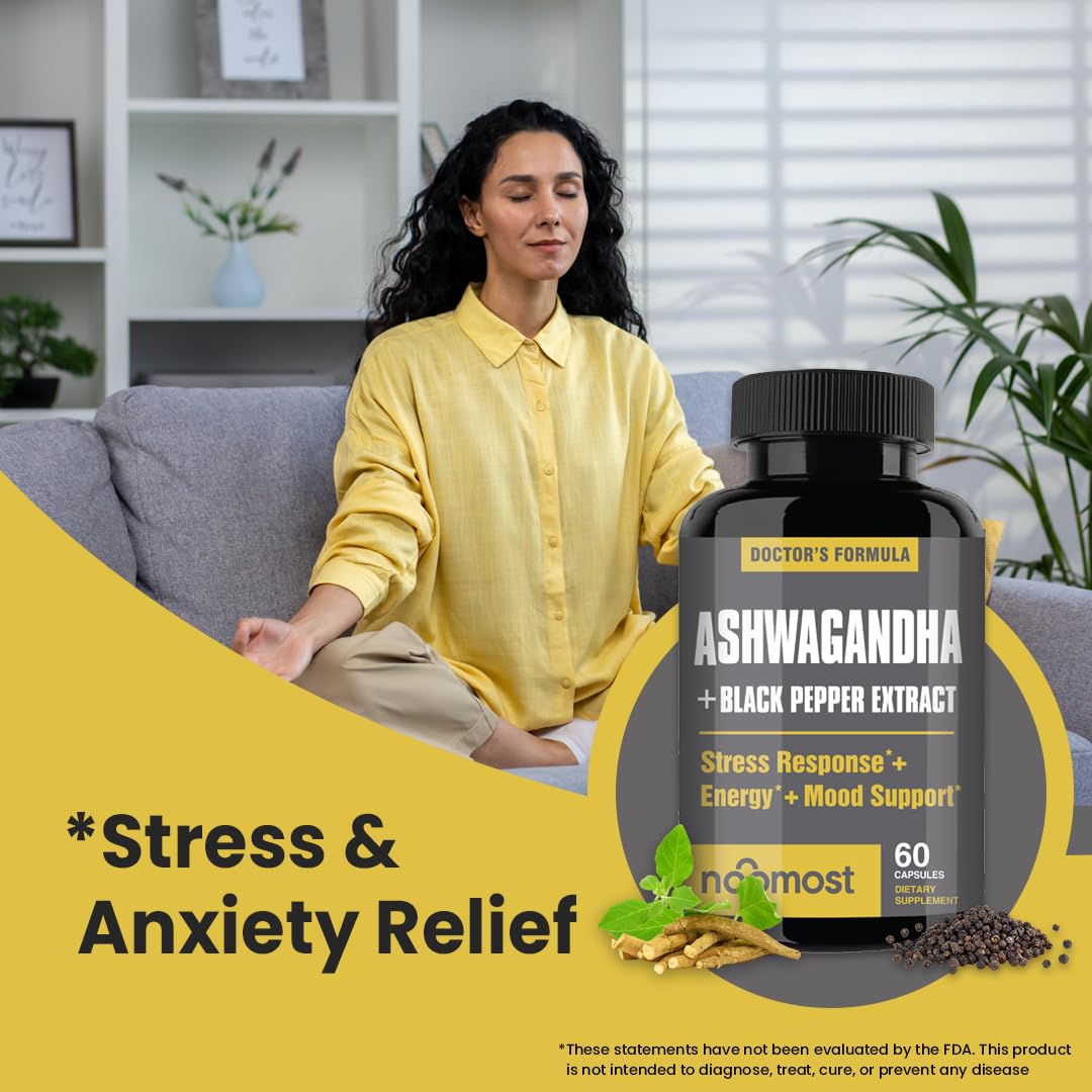 NooMost Ashwagandha cápsulas, frascos: suministro estable para energía sostenida.