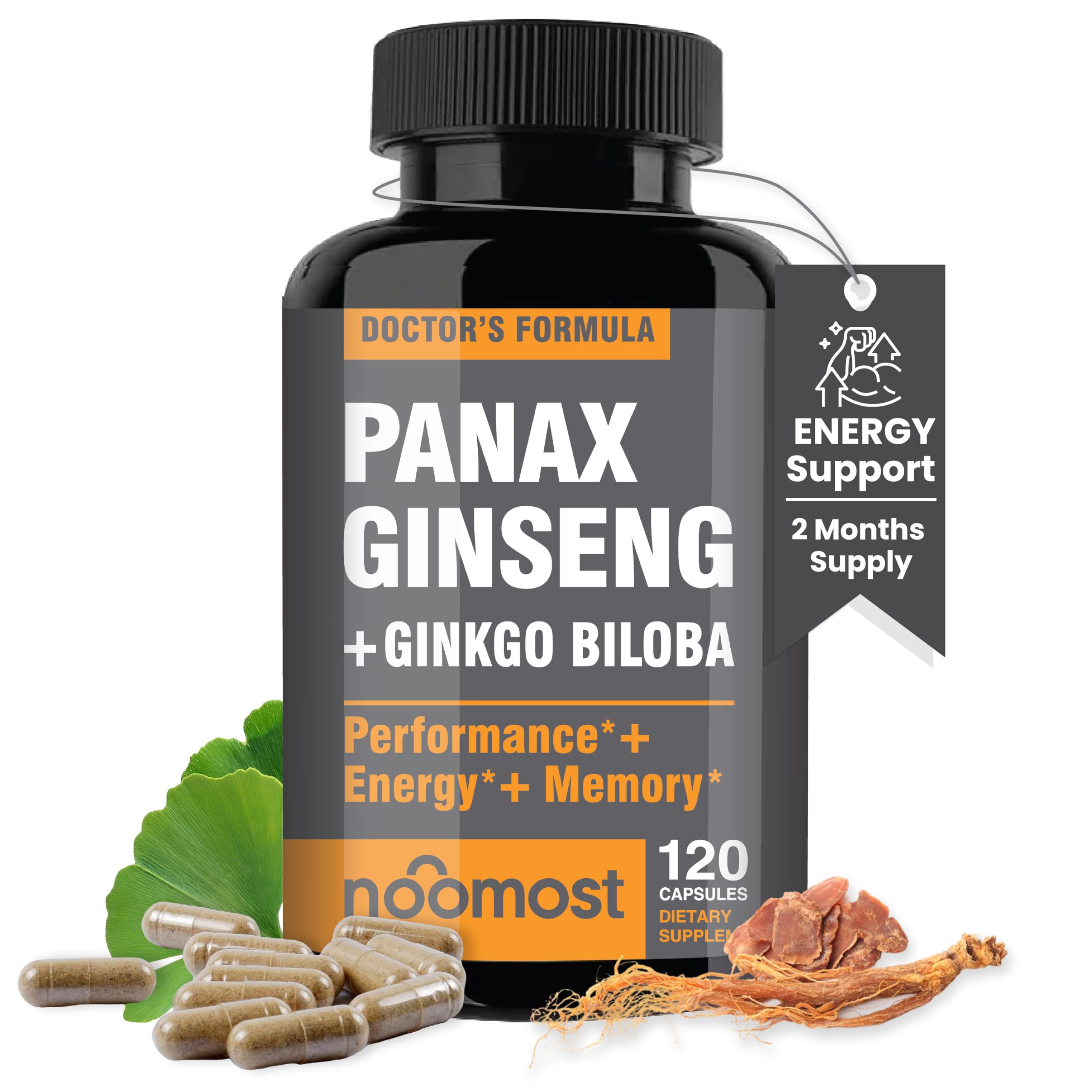 NooMost cápsulas ginseng rojo y ginkgo en embalaje, energía sostenida.