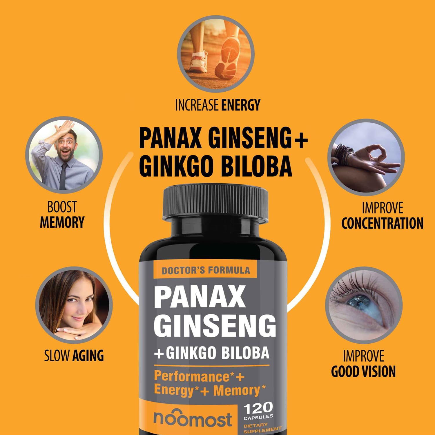 NooMost detalle de etiqueta en cápsulas, ginseng y ginkgo para claridad mental.