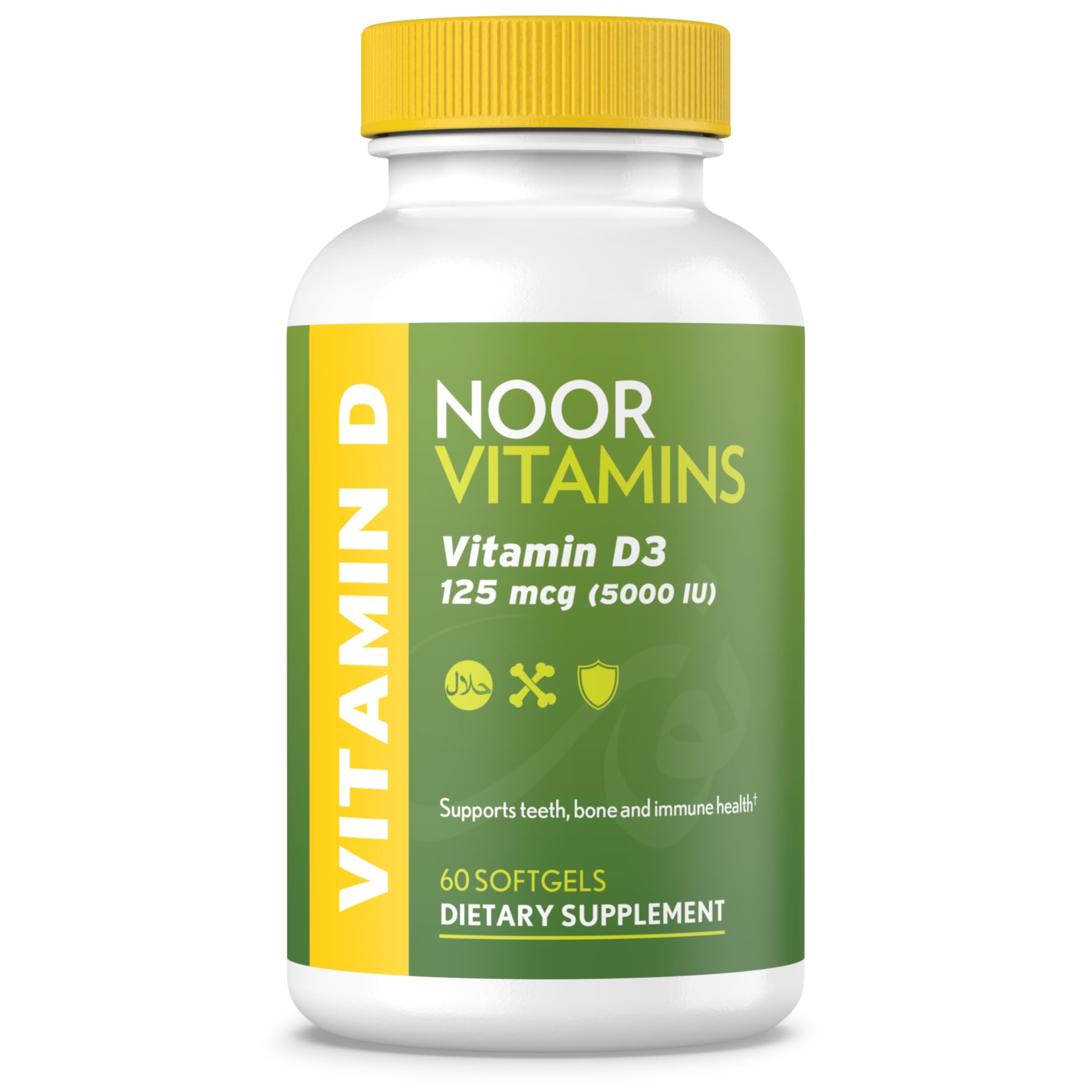 Noor Vitamins D3 5000 UI en bote, apoyo para huesos y músculos.