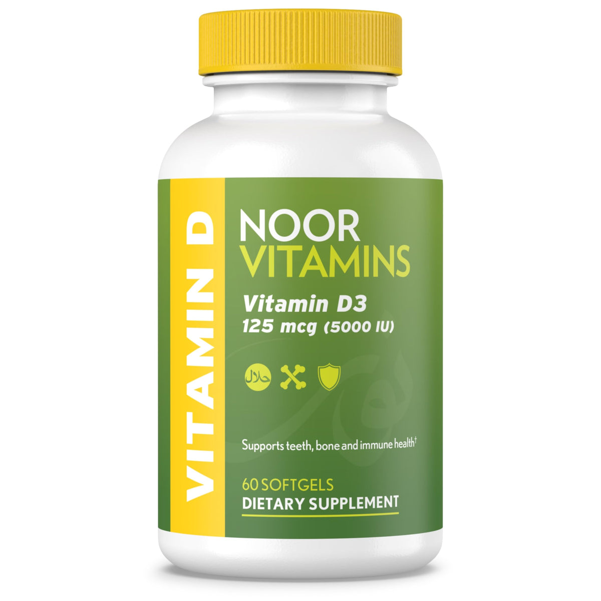 Noor Vitamins D3 5000 UI en bote, apoyo para huesos y músculos.