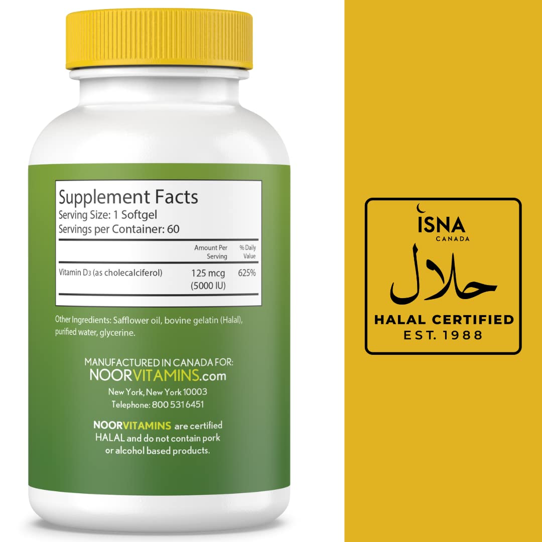 Etiqueta frontal de Noor Vitamins D3 5000 UI con dosis claras.