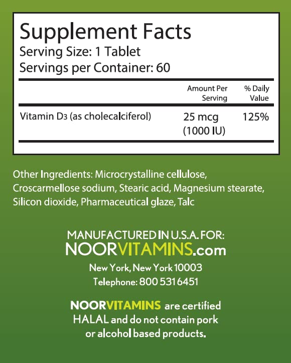 Noor Vitamins D3 tabletas 1000IU en envase listo para uso diario
