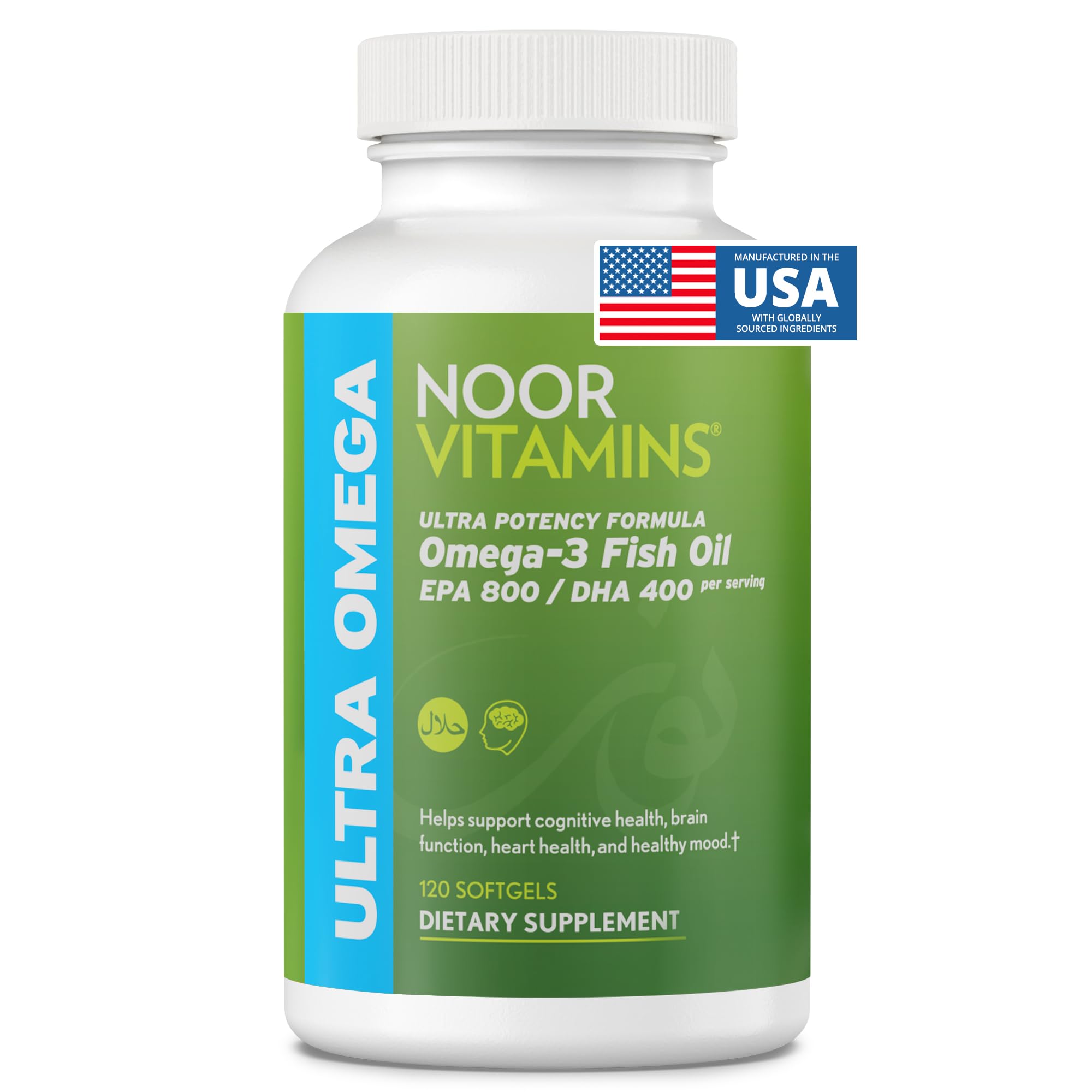 Noor Vitamins Ultra Omega 3: botella con cápsulas para uso diario.