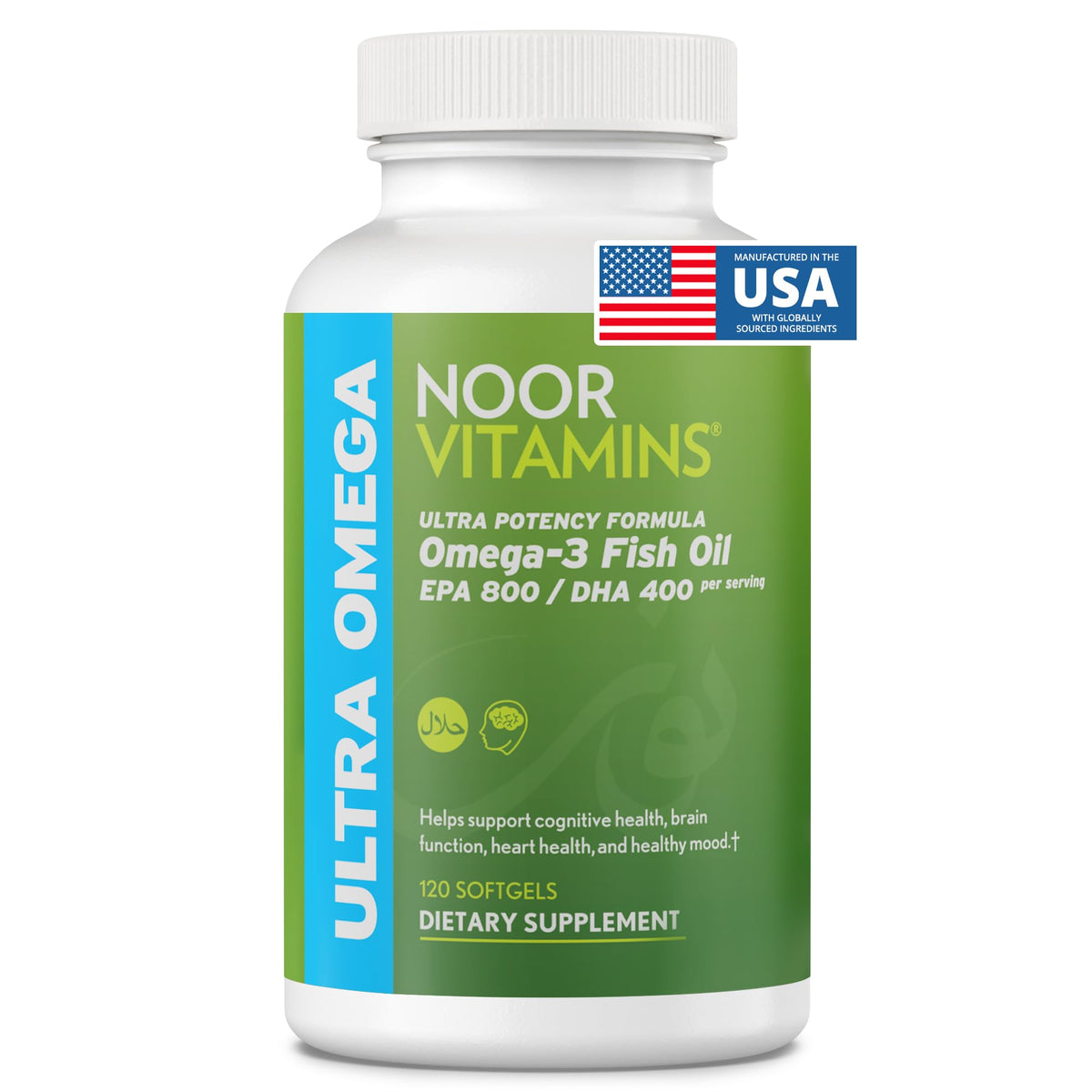 Noor Vitamins Ultra Omega 3: botella con cápsulas para uso diario.