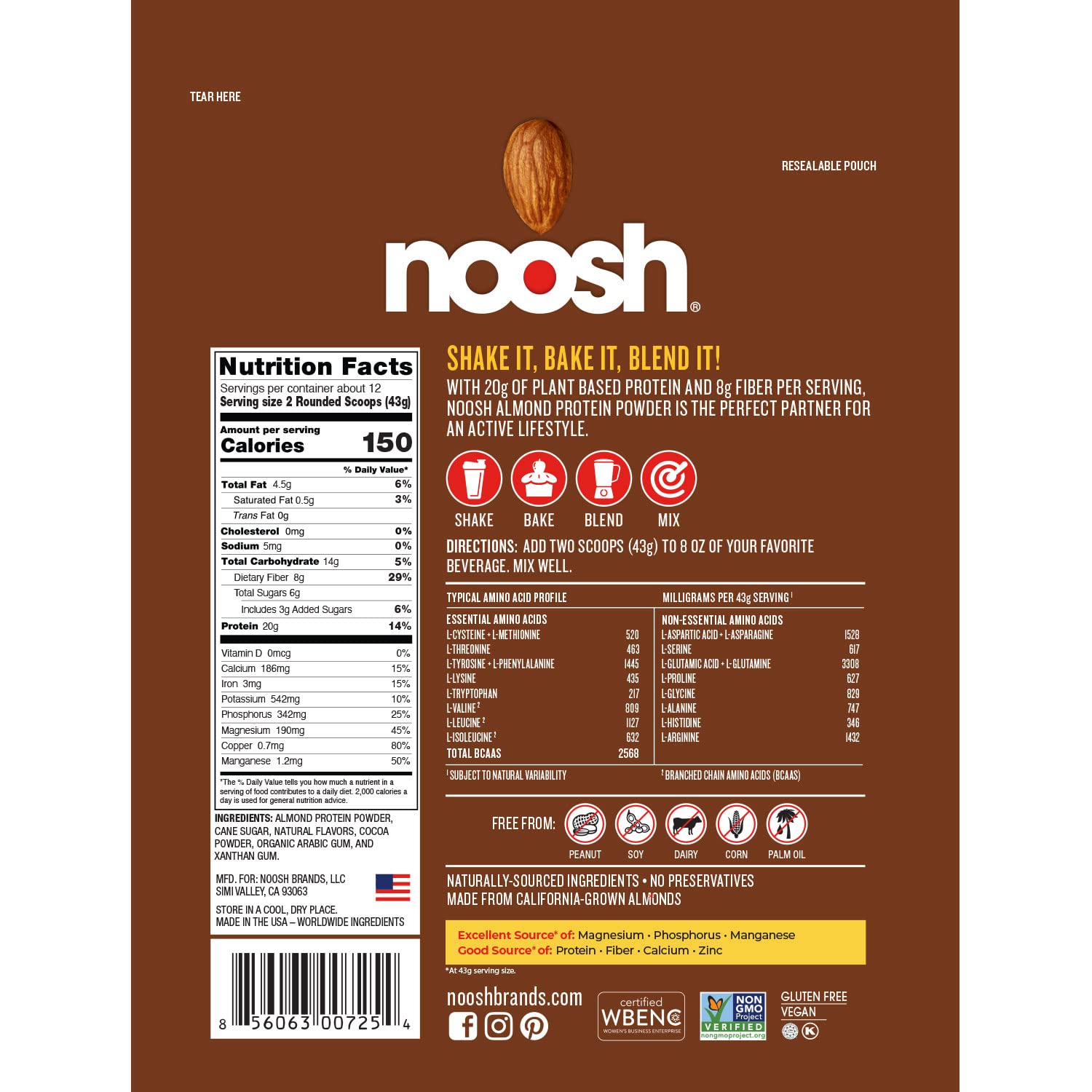 NOOSH proteína de almendra chocolate en envase listo para mezclar en batidos