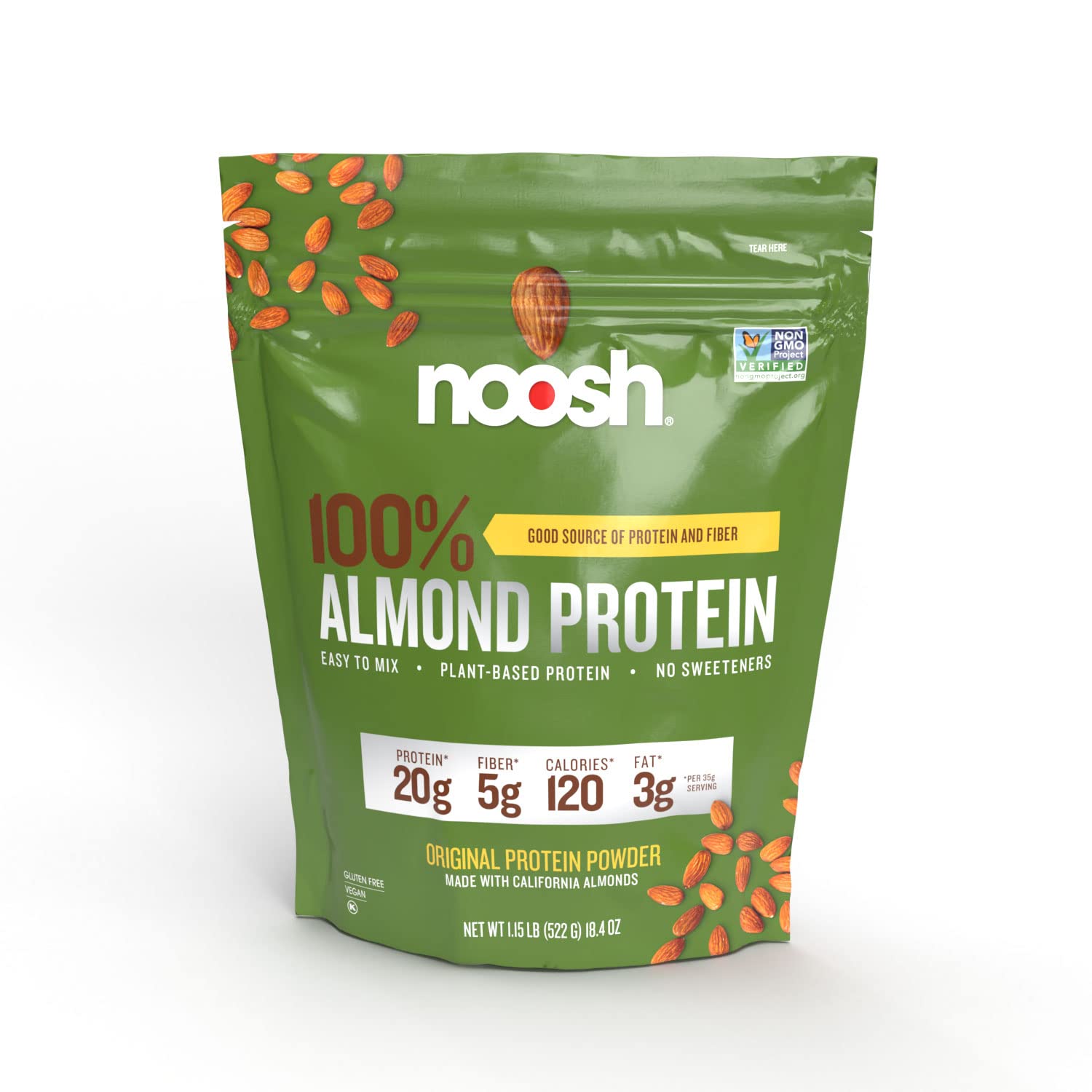 NOOSH proteína de almendra en polvo sin sabor, ideal para batidos proteicos.