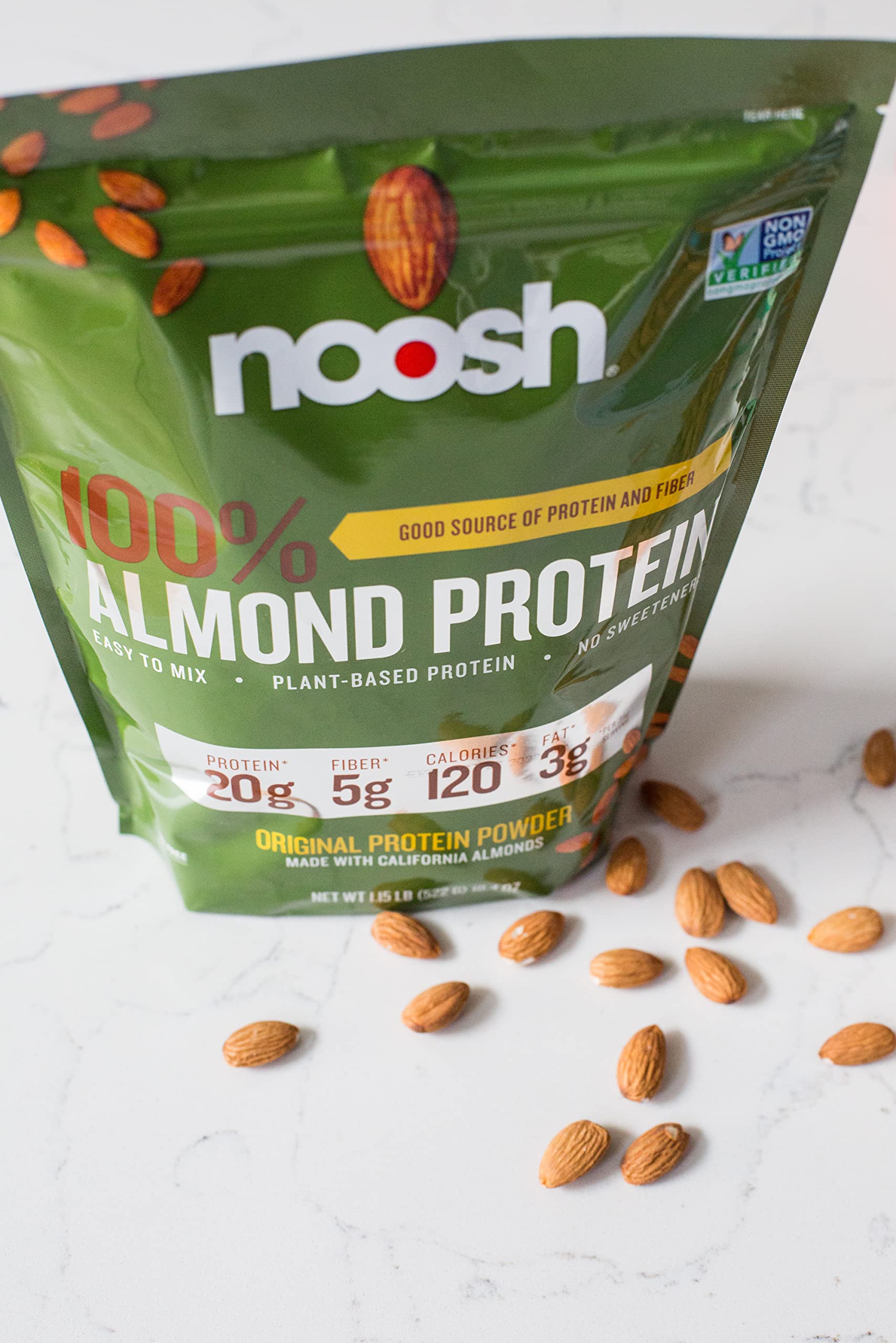 NOOSH shaker para llevar, proteína de almendra sin sabor, recargas rápidas.