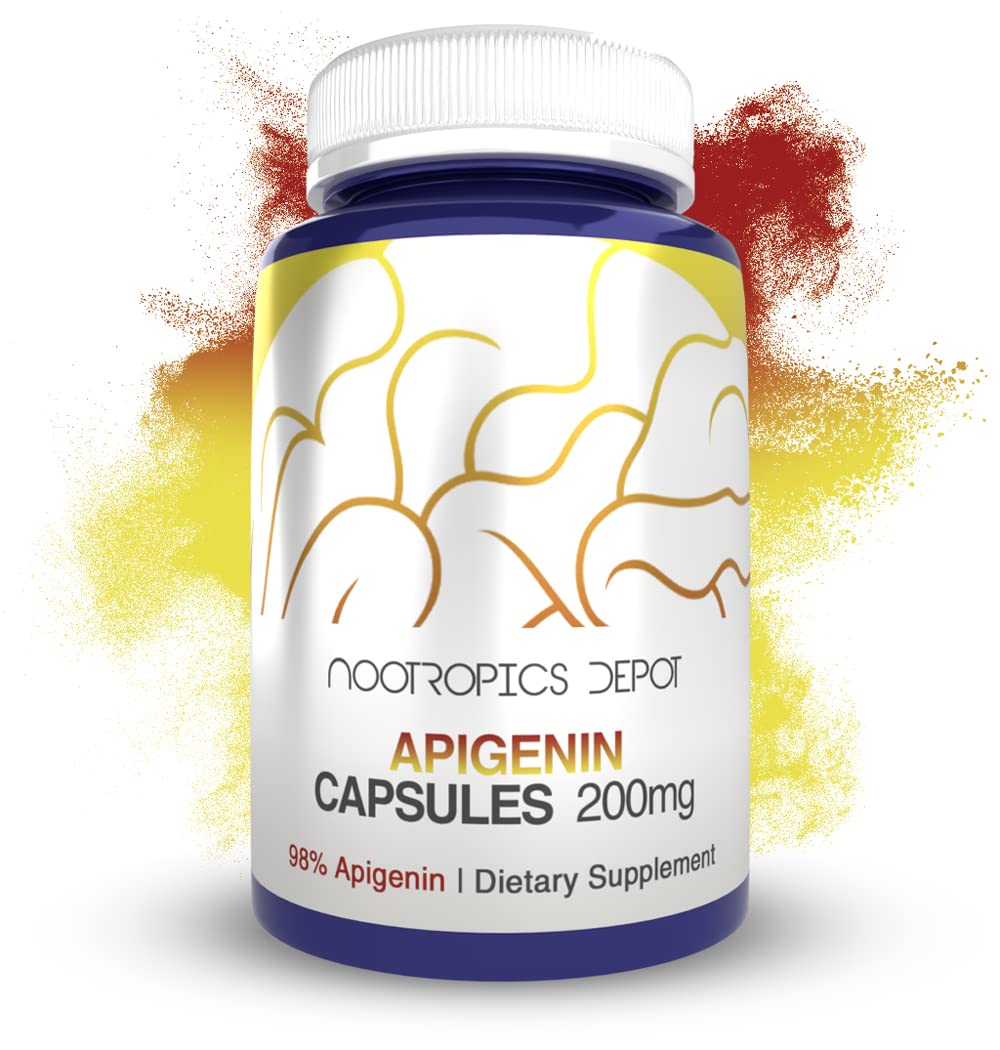 Nootropics Depot Apigenin cápsulas en botella, posible apoyo al bienestar y relajación.