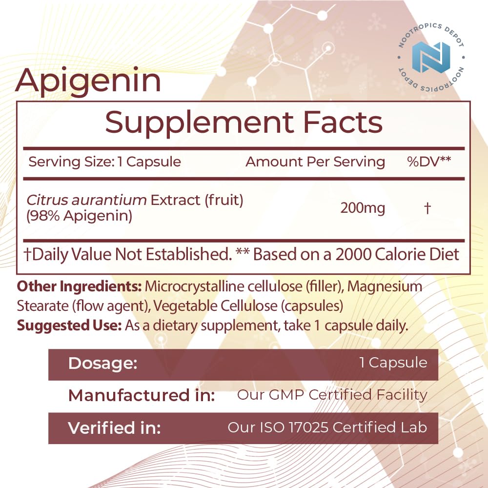 Nootropics Depot Apigenin cápsulas, etiqueta legible que indica alta pureza.