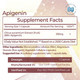 Nootropics Depot Apigenin cápsulas, etiqueta legible que indica alta pureza.