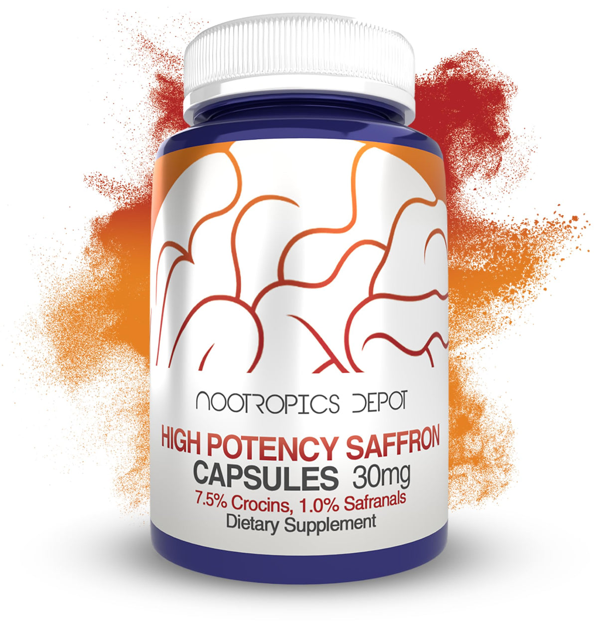 Nootropics Depot azafrán en cápsulas en botella, posible apoyo para el estado de ánimo.