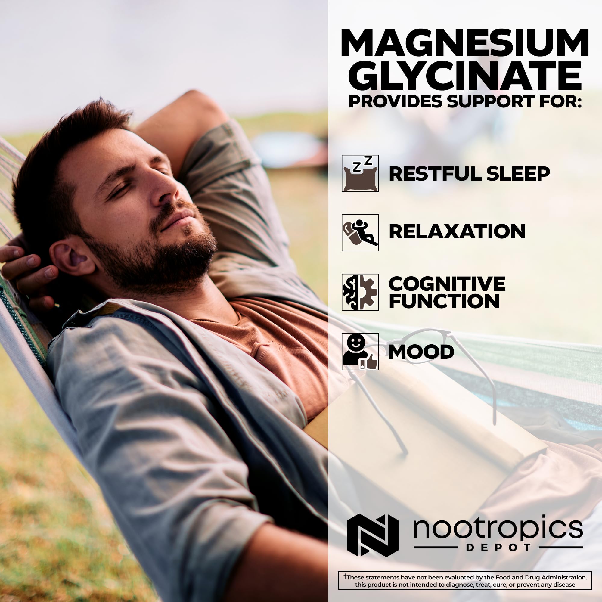 Bote de cápsulas Nootropics Depot, magnesio glicinato de alta biodisponibilidad.