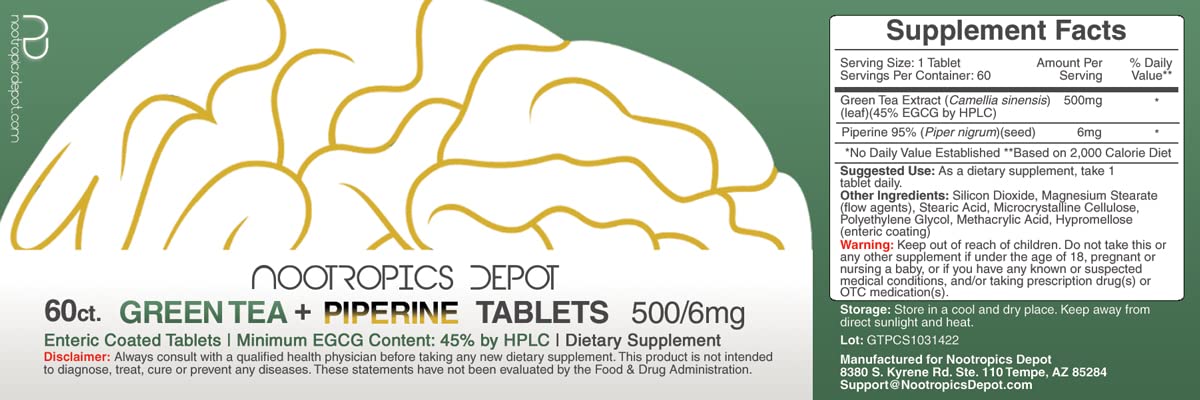 Nootropics Depot botella con tabletas de té verde, posible apoyo cardiovascular.