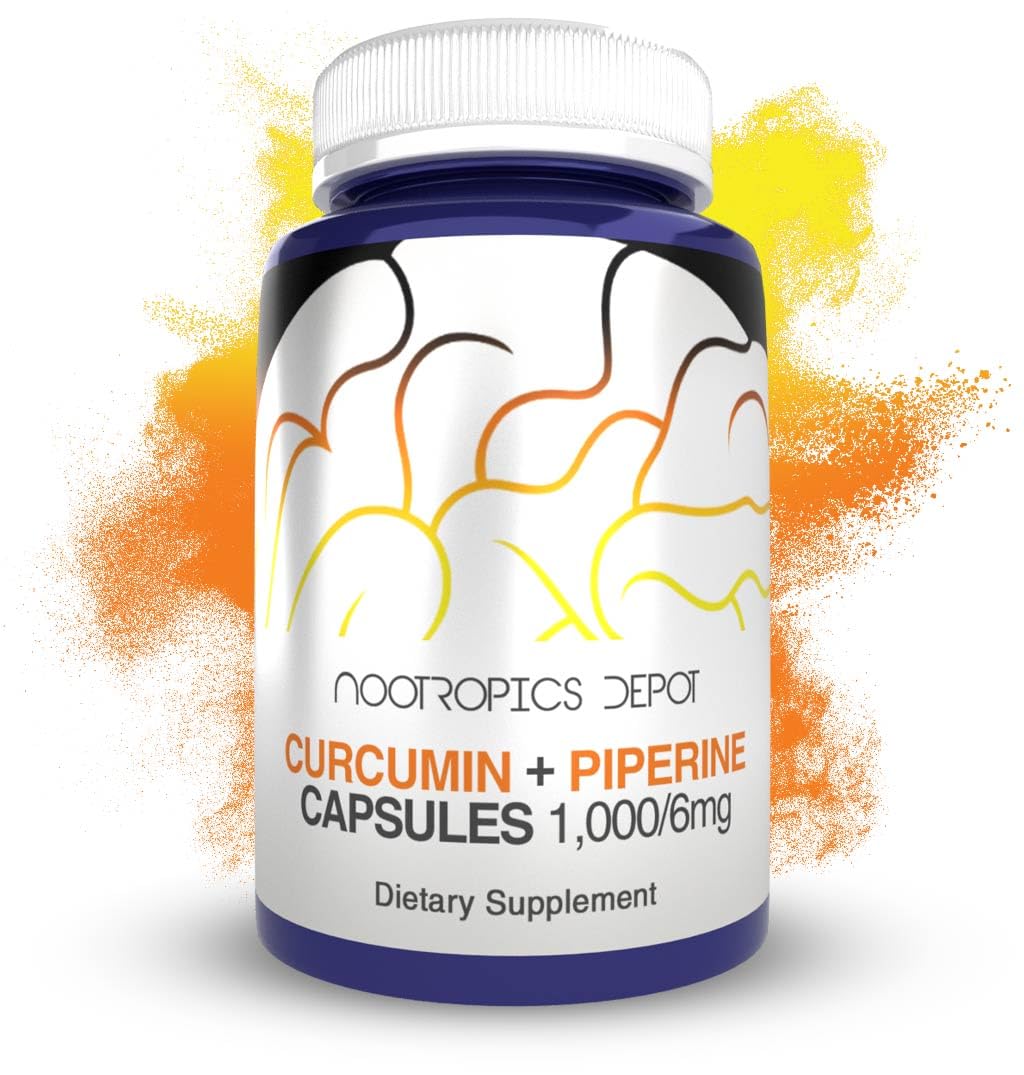 Nootropics Depot: cápsulas de curcumina con piperina frente al envase para uso diario