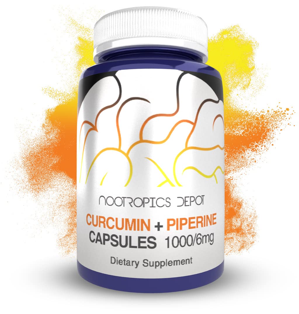 Nootropics Depot Curcumina + Piperina, cápsulas en frasco, apoyo diario de bienestar general.