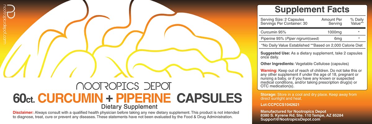 Nootropics Depot Curcumina + Piperina, etiqueta visible, uso flexible para tus rutinas diarias.