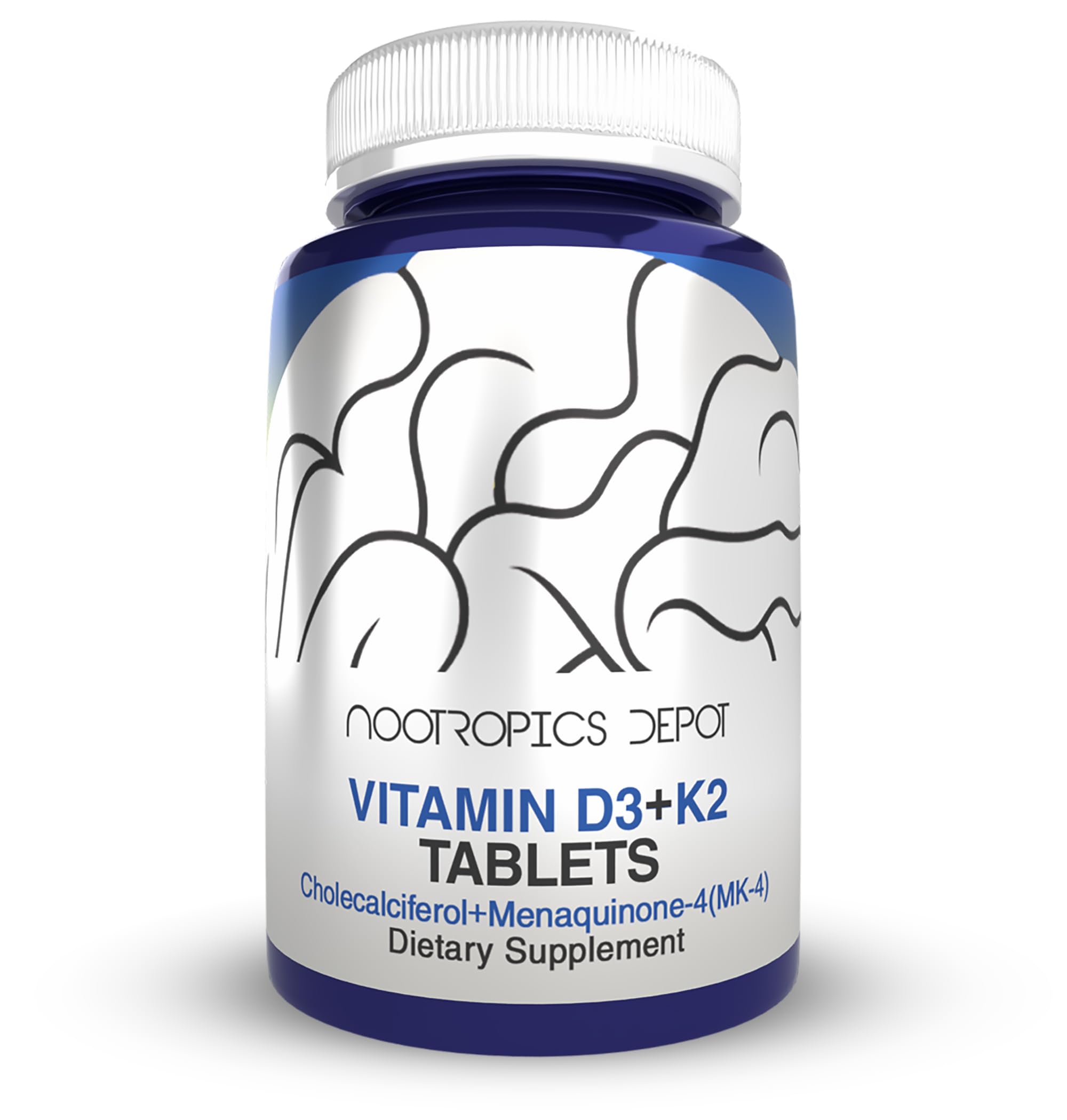 Nootropics Depot D3 K2 frasco frontal, apoya la salud ósea