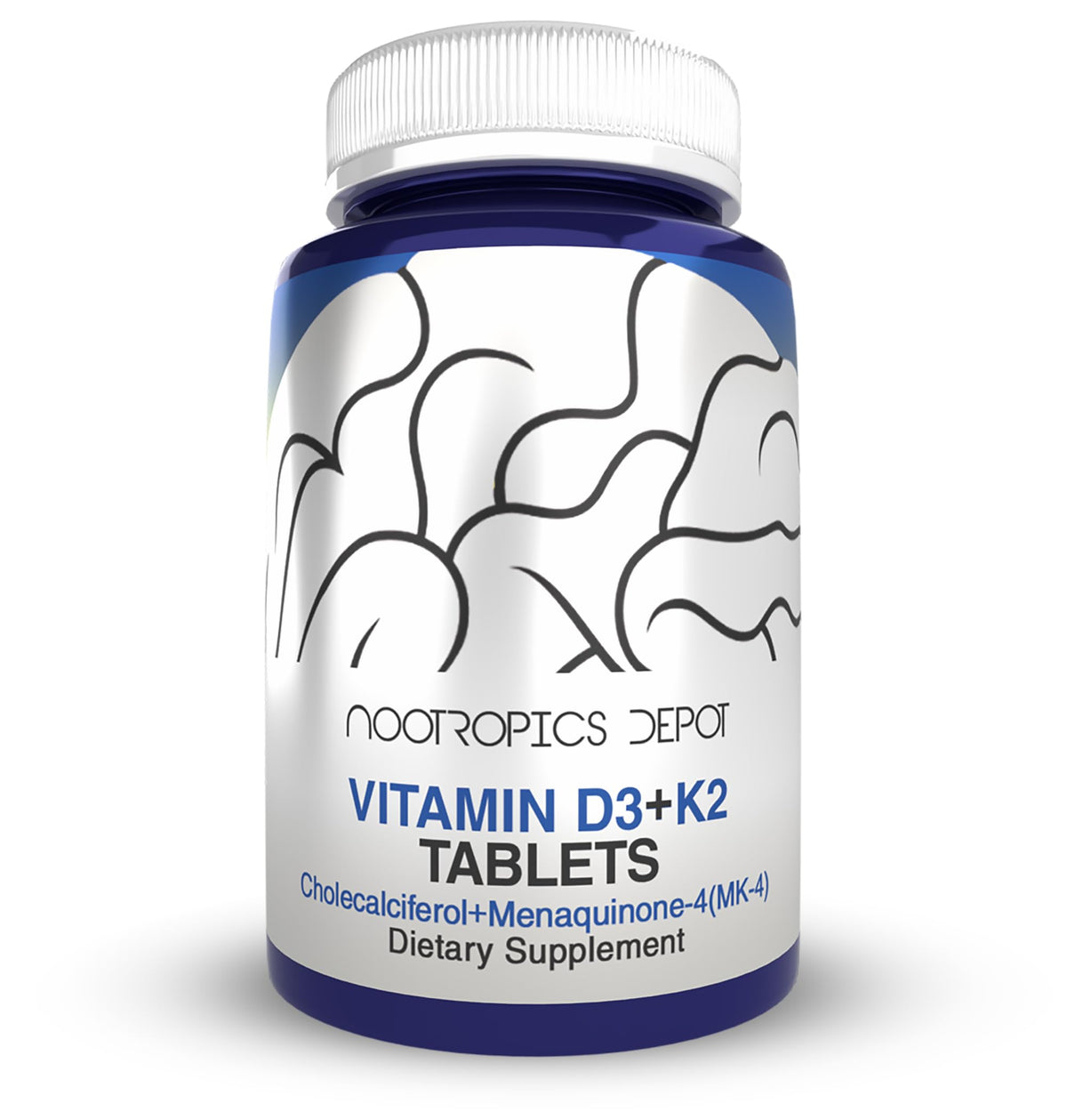 Nootropics Depot D3 K2 frasco frontal, apoya la salud ósea