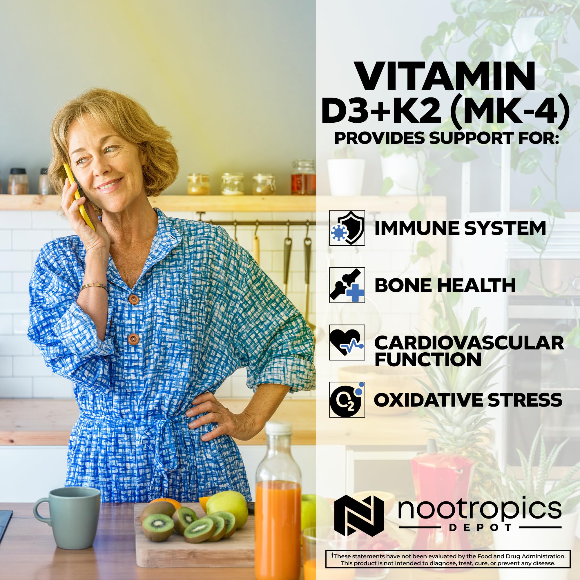 Nootropics Depot D3 K2 cápsulas dentro, uso diario para bienestar