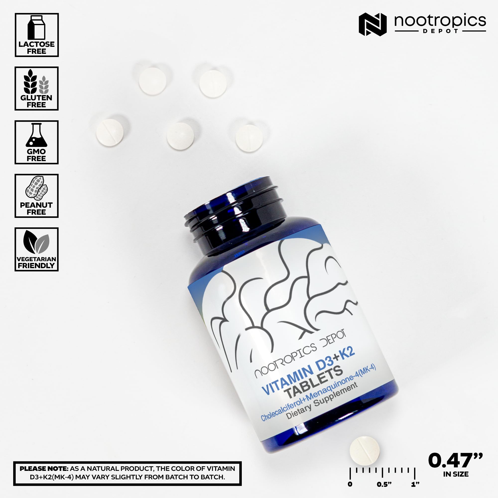 Nootropics Depot D3 K2 etiqueta frontal, destaca biodisponibilidad