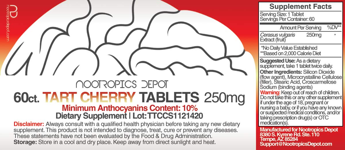 Nootropics Depot: detalle de etiqueta de cereza agria, 250 mg por tableta