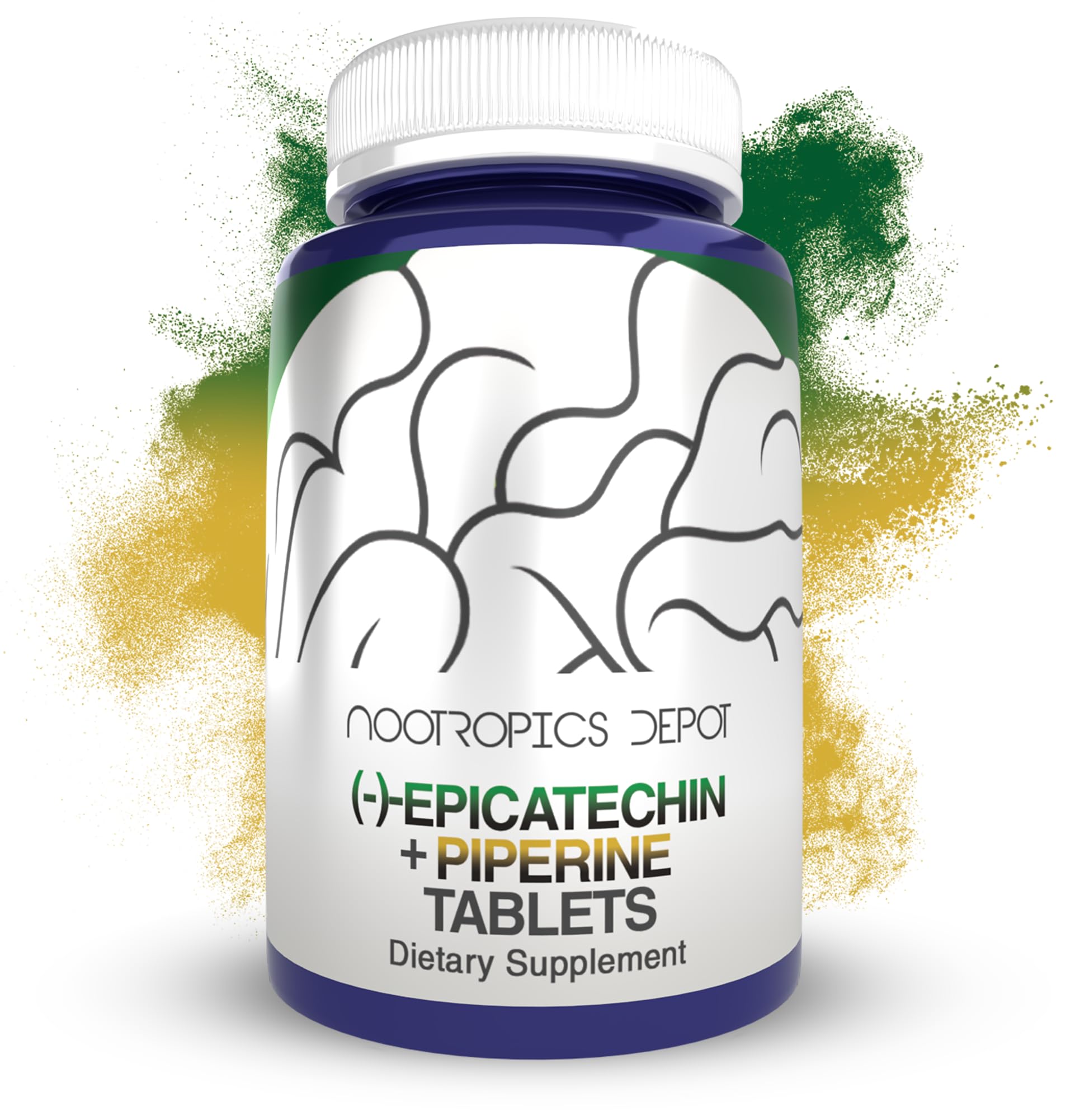 Nootropics Depot Epicatechin tabletas frente a la botella, posible impulso de rendimiento.
