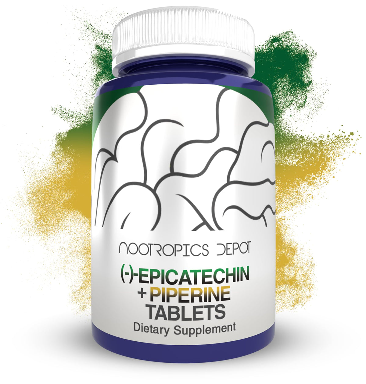 Nootropics Depot Epicatechin tabletas frente a la botella, posible impulso de rendimiento.