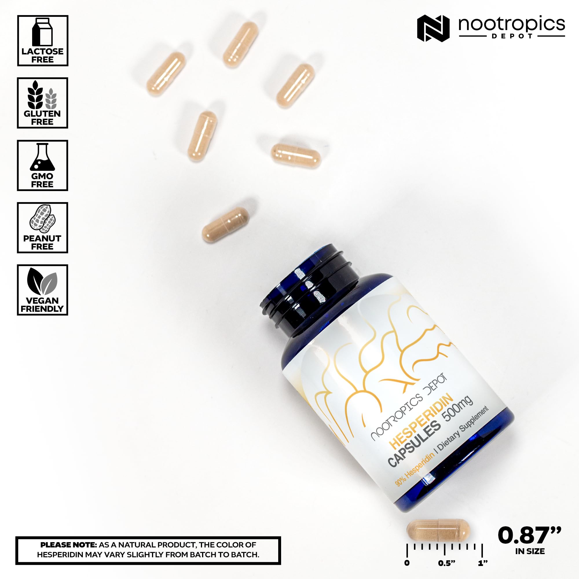 Nootropics Depot Hesperidina, etiqueta trasera, información de ingredientes y usos sugeridos.