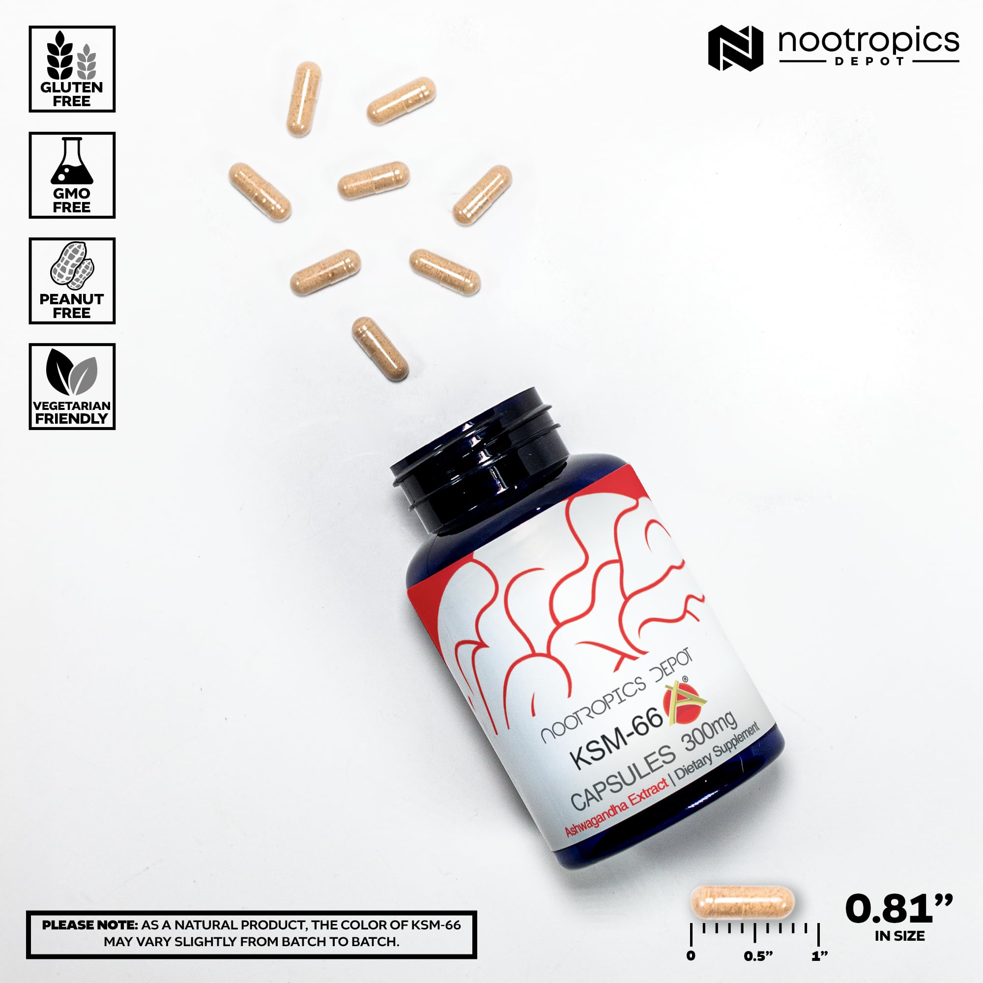 Etiqueta frontal del frasco con dosis clara de Nootropics Depot Ashwagandha