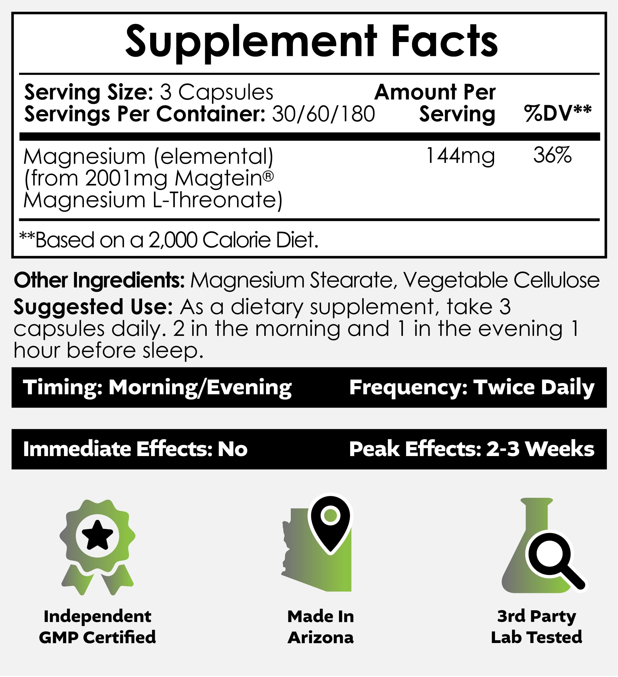 Nootropics Depot Magtein cápsulas etiqueta: control de pureza y calidad visible