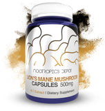 Nootropics Depot melena de león botella, posible apoyo al enfoque diario.