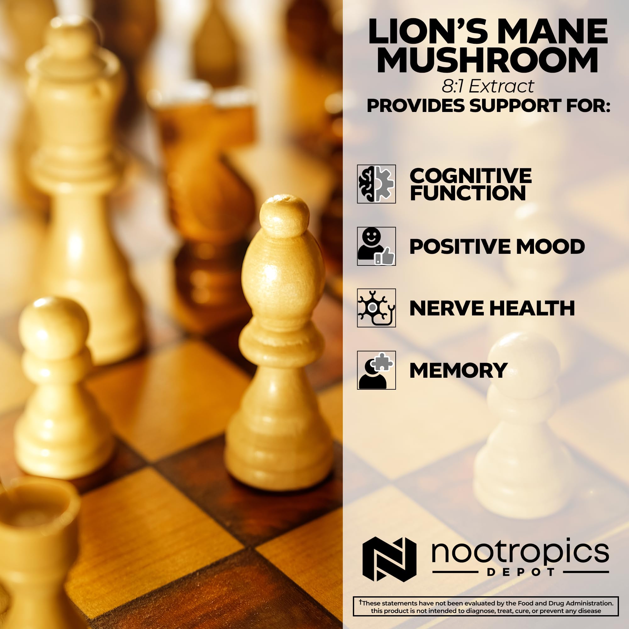 Frasco melena de león Nootropics Depot, soporte digestivo gracias a beta glucanos.