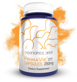 Nootropics Depot PrimaVie Shilajit, botella de cápsulas, apoyo a la vitalidad diaria.