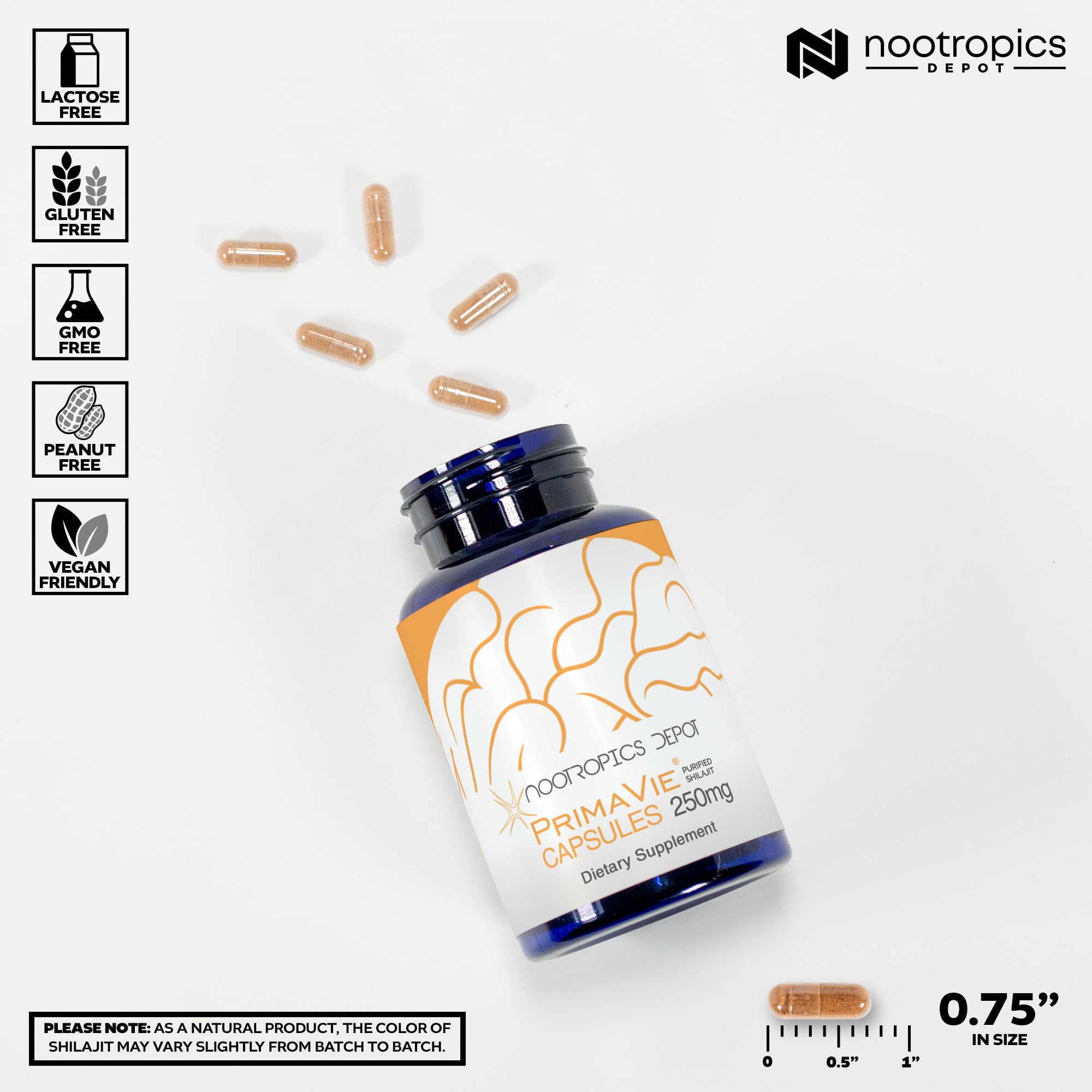 Primer plano de cápsulas de PrimaVie Shilajit, sensación de pureza y potencia sostenida.